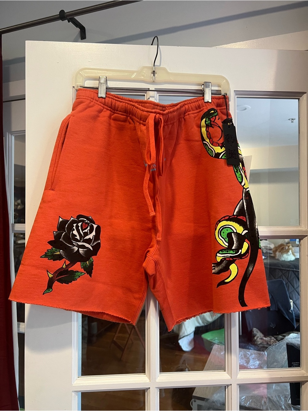 Ed Hardy Orange Athletic Shorts with Snake & Rose Graphics
